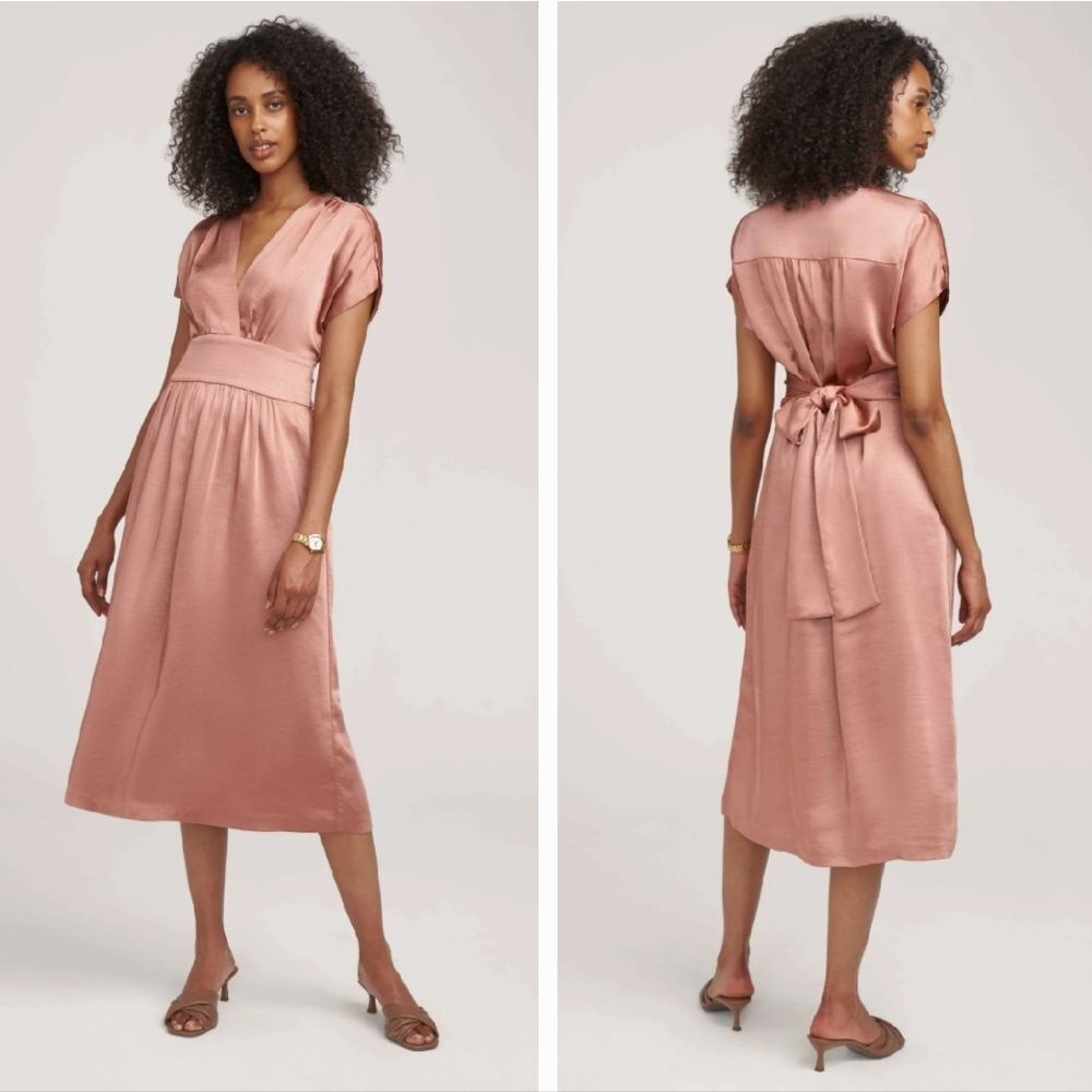 Anne Klein Washed Satin Midi Dress with Tie Back in Blush Pink Size 12